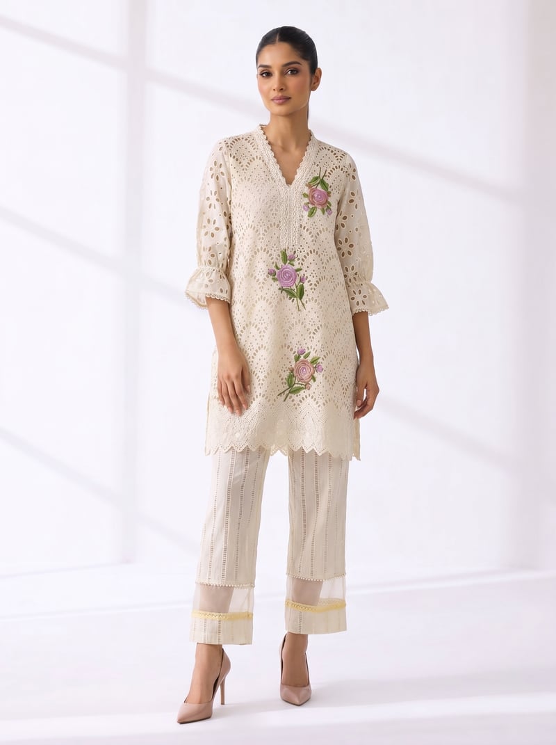 White Cotton Cutwork Embroidered Straight Kurta Set