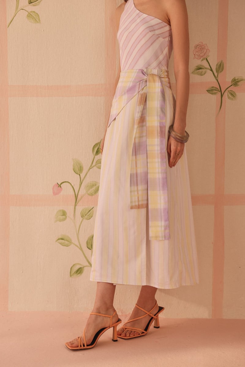 Purple/Yellow One-Shoulder Striped Wrap-Tie Midi Dress