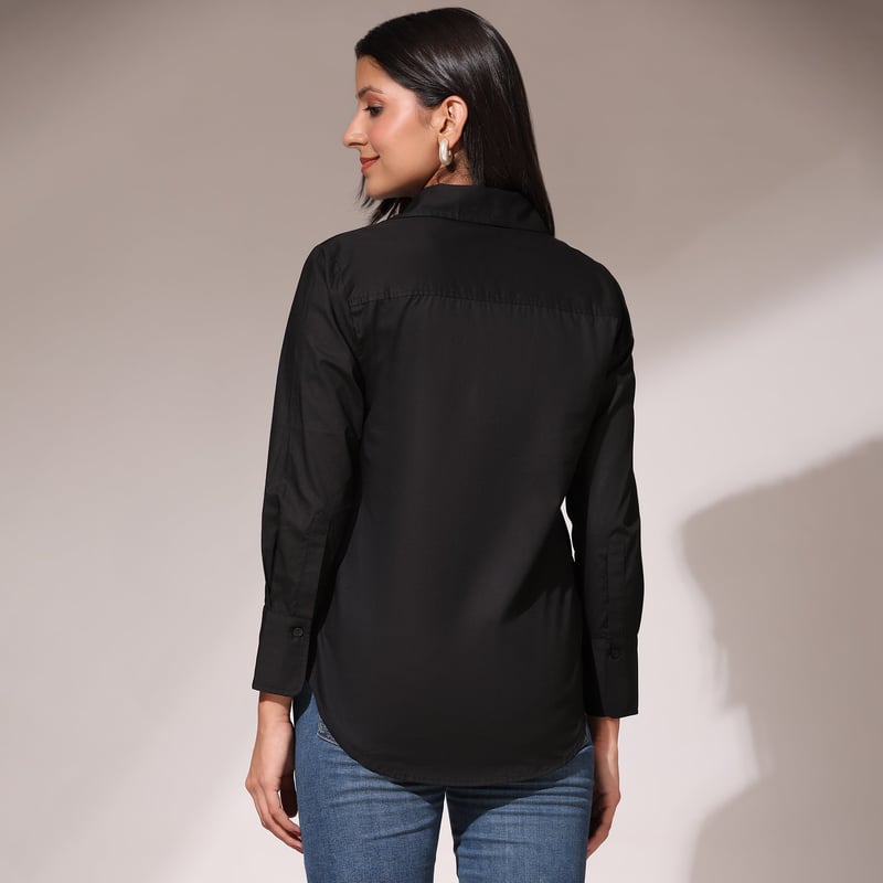 Black Cotton Fish Embroidered Button-Down Shirt