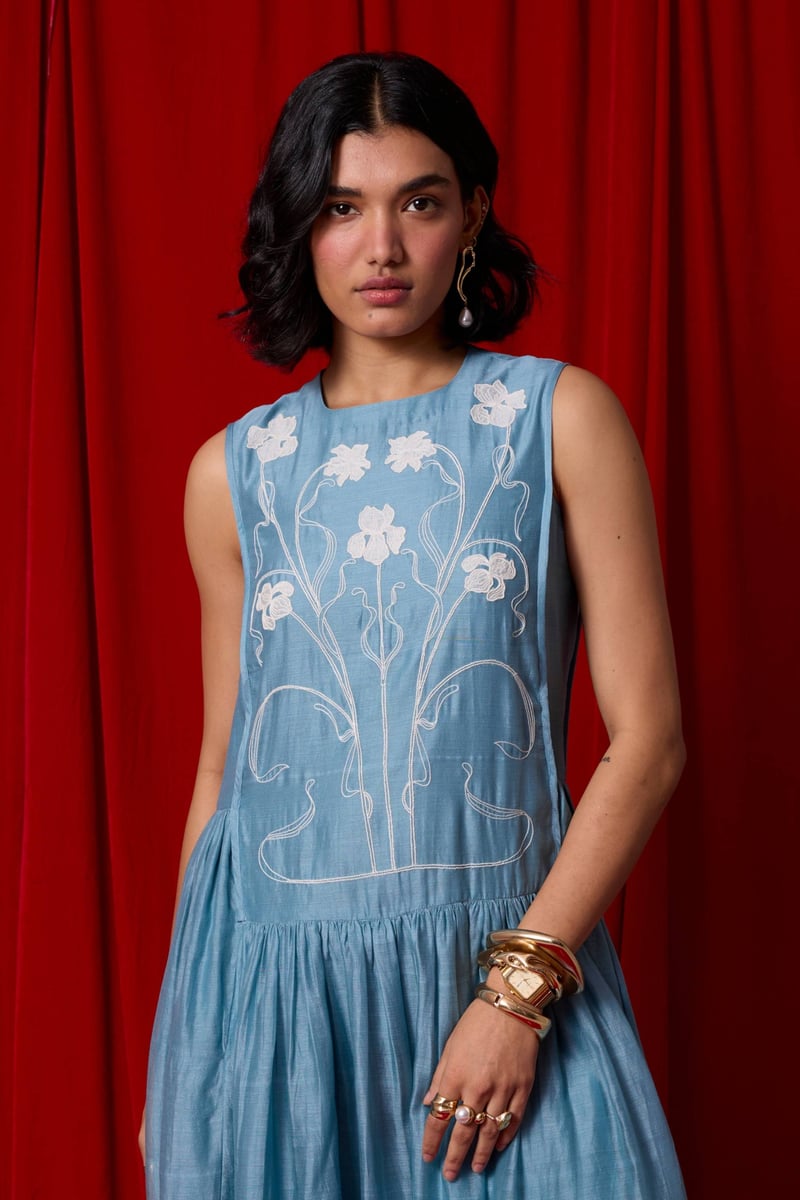 Blue Handwoven Chanderi Embroidered Maxi Dress