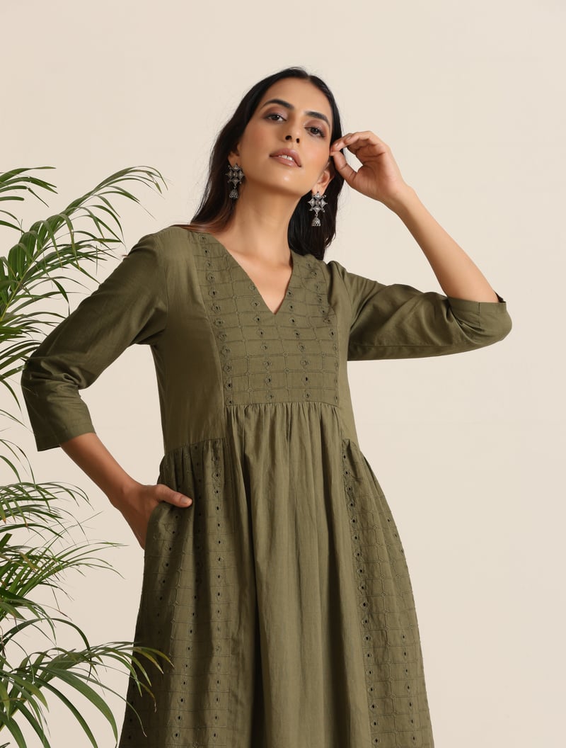 Olive Cotton Cutwork Embroidered Kurta Set
