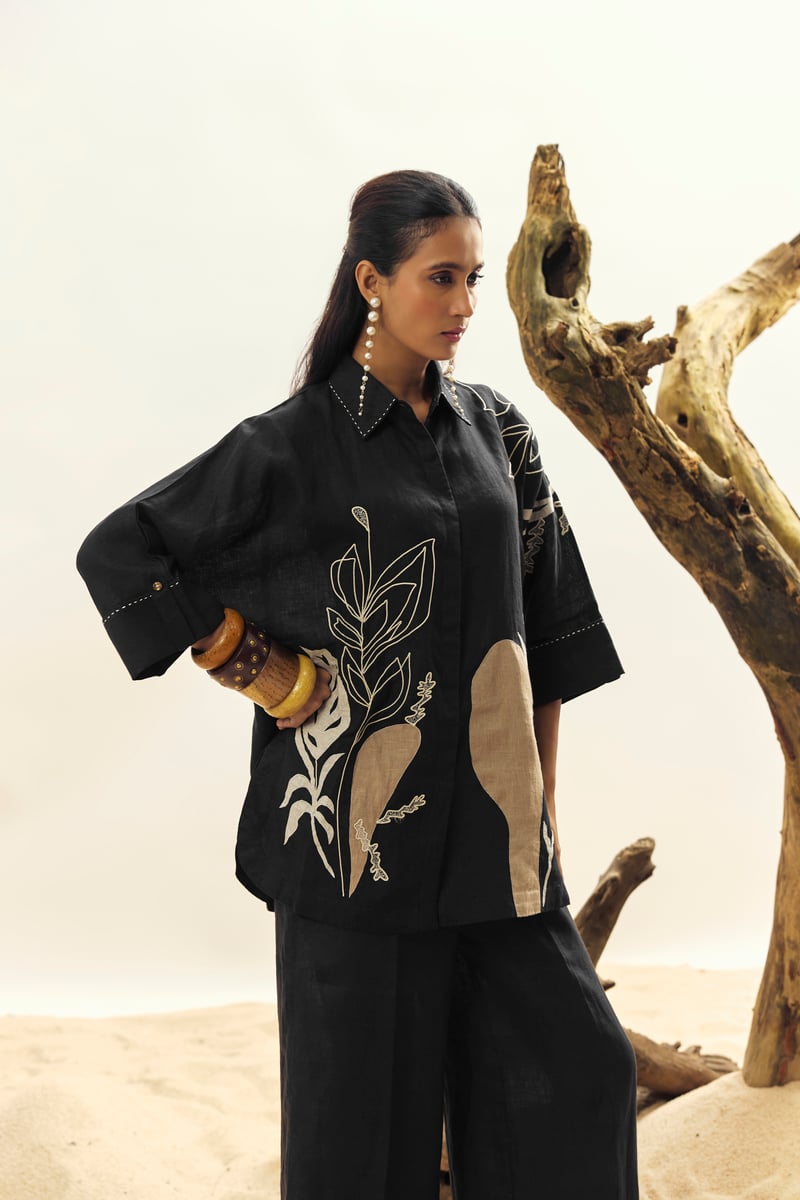 Black Linen Shirt with Botanical Placement Motif