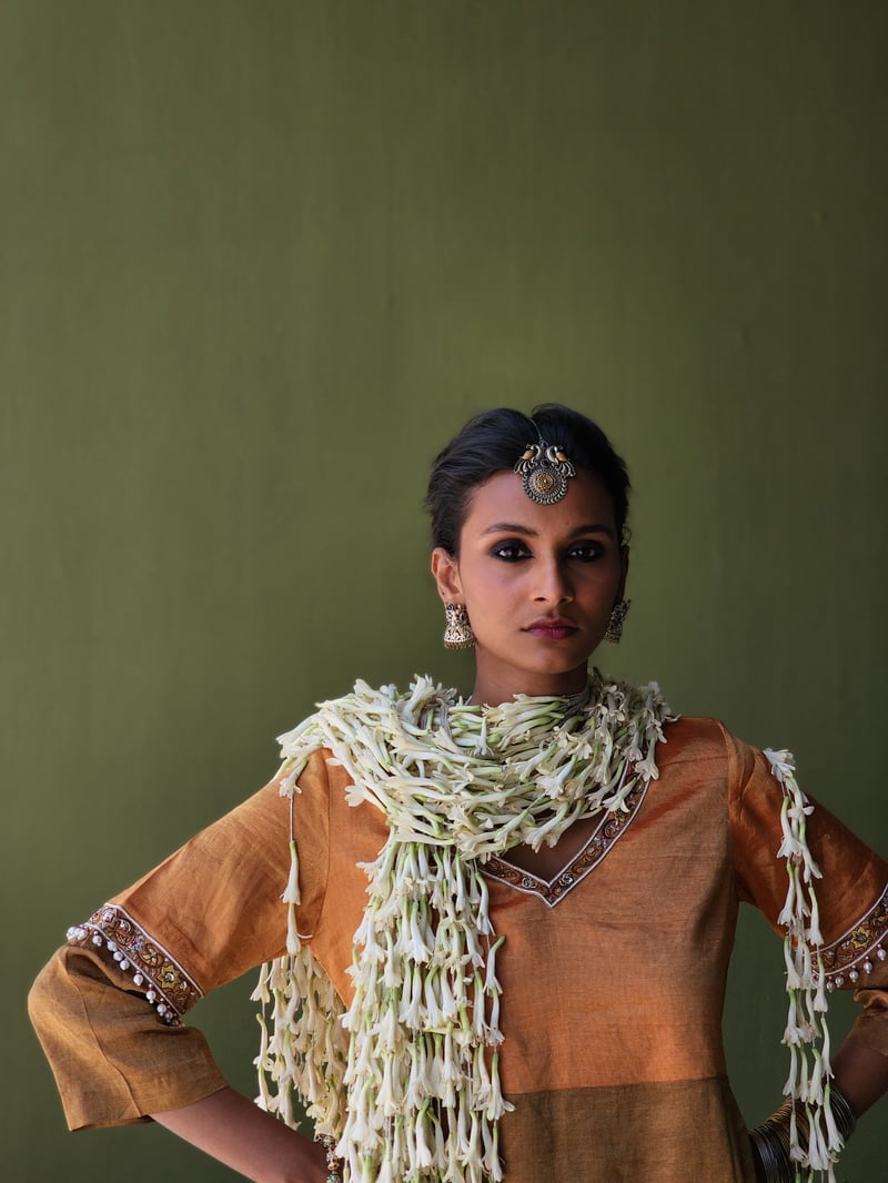 Kesari Orange Tissue Kurta Set with Embroidered V-Neck