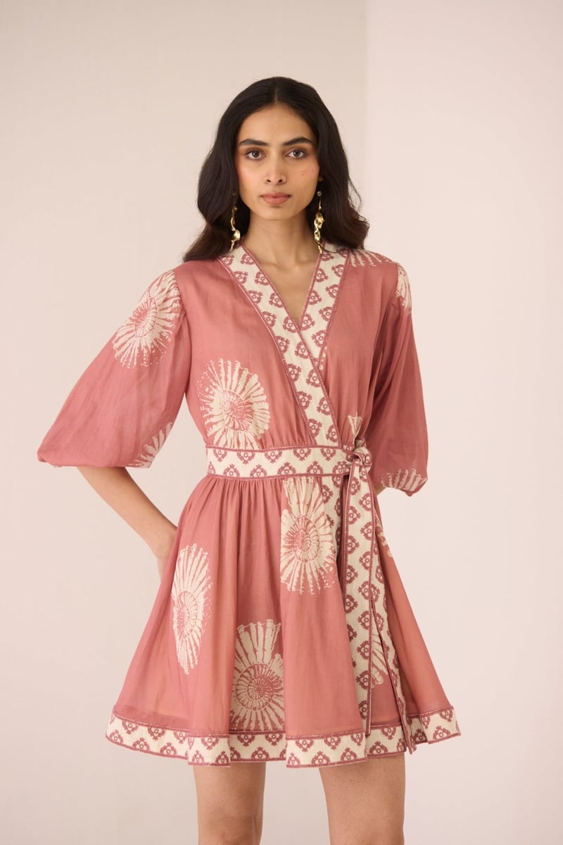 Nautilus Rose Cotton Wrap Mini Dress with Shell Print