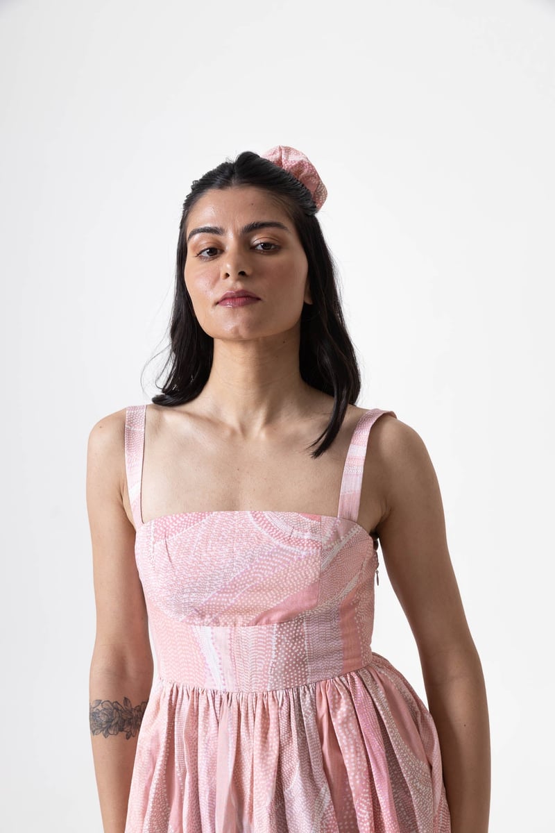 Pink/Peach Printed Fit and Flare Midi Dress