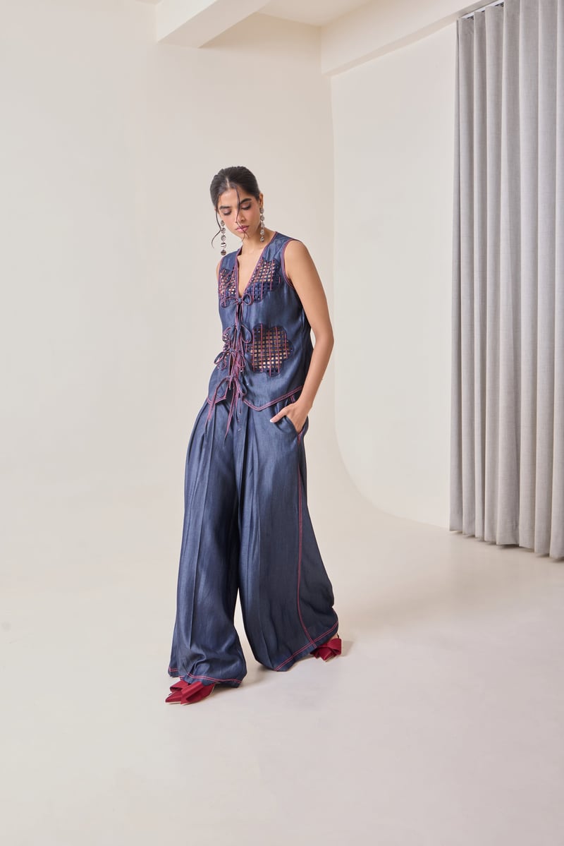 Indigo Tencel Denim High-Rise Flared Trousers