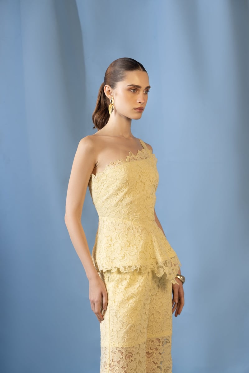 Butter Yellow One-Shoulder Lace Co-ord Set