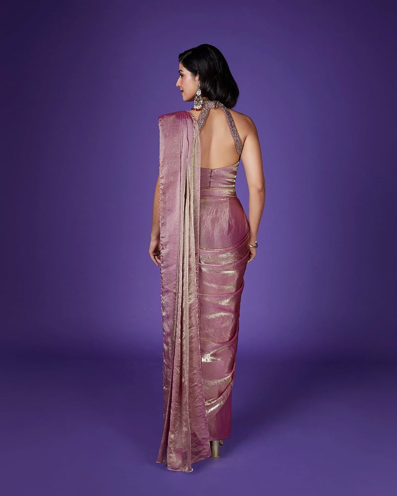 Pink Shimmer Tissue Saree with Embellished Halter Blouse