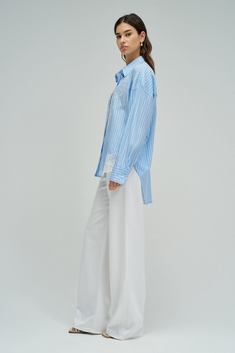 Blue Striped Button-Down Shirt with Lace Detail