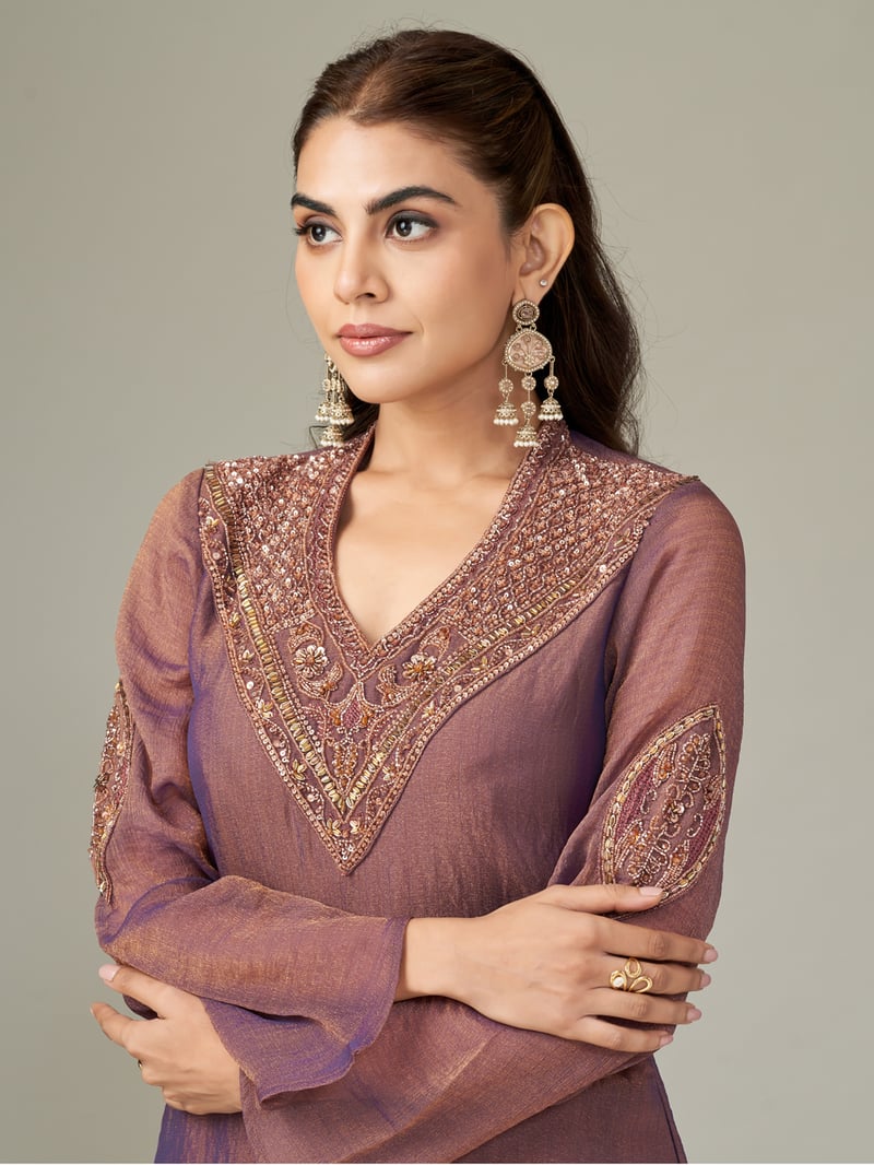 Antique Plum Shimmer Chiffon Kurta and Pant Co-ord Set