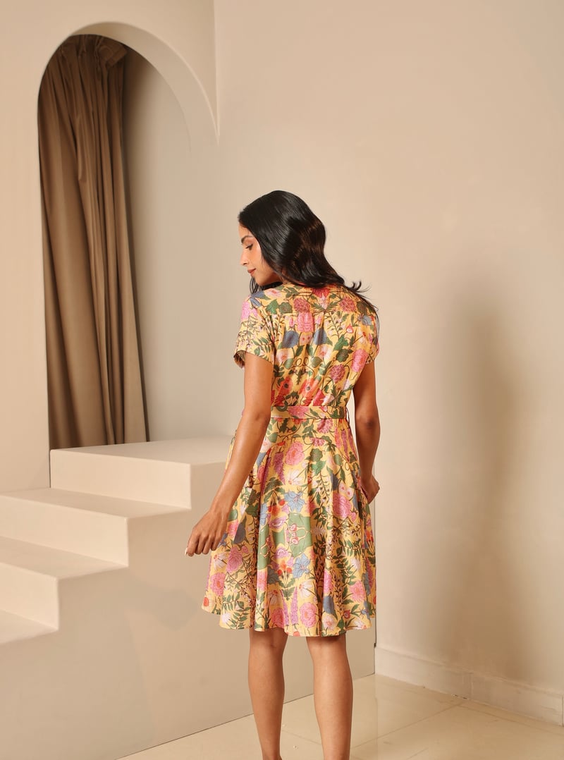Yellow Botanical Printed Belted Fit and Flare Dress
