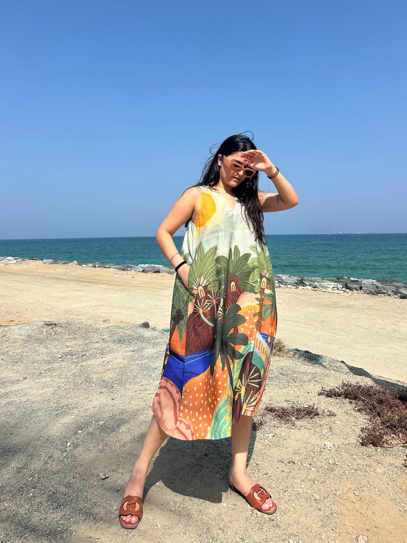 Sage Green Printed Cotton A-Line Midi Dress with Pockets