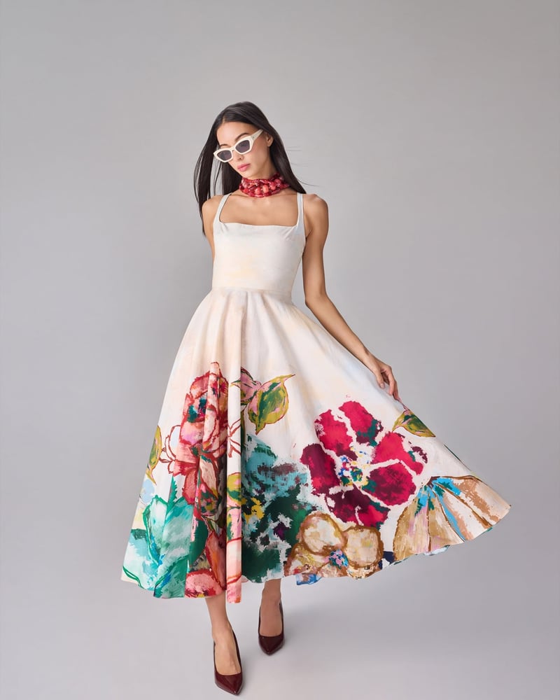 Ivory/Multi Square Neck Fit and Flare Midi Dress