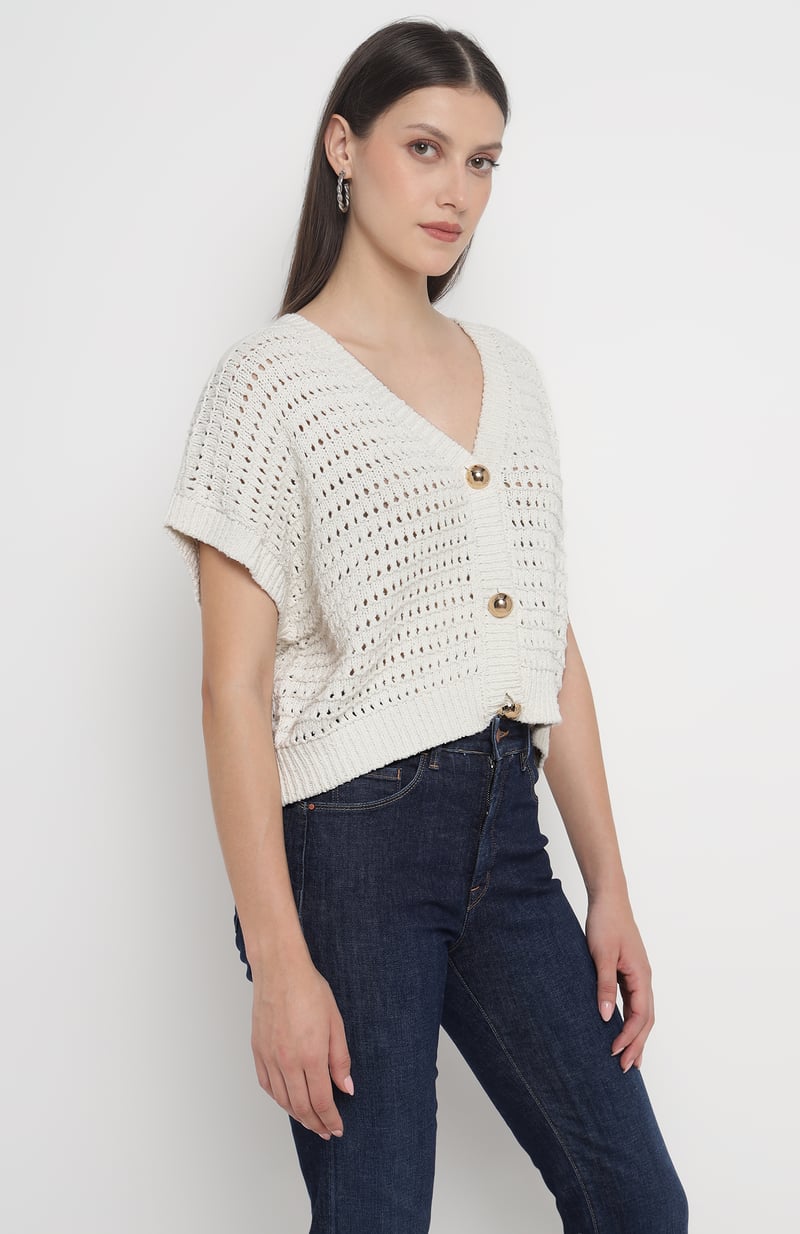 Off-White Openwork Knit Cropped Cardigan with Gold Buttons