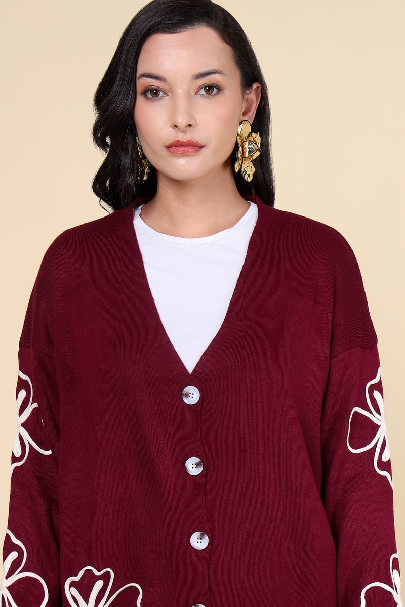 Burgundy Knit Cardigan and Wide-Leg Pants Co-ord Set