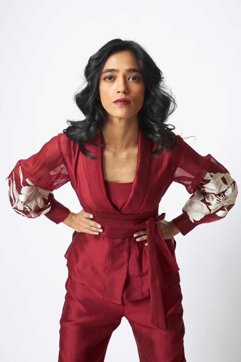 Burgundy Wrap Blazer Top and Wide-Leg Pants Co-ord Set