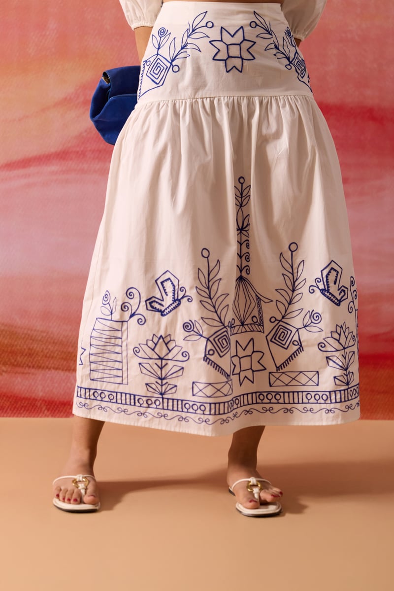 White and Blue Embroidered Off-Shoulder Co-ord Set
