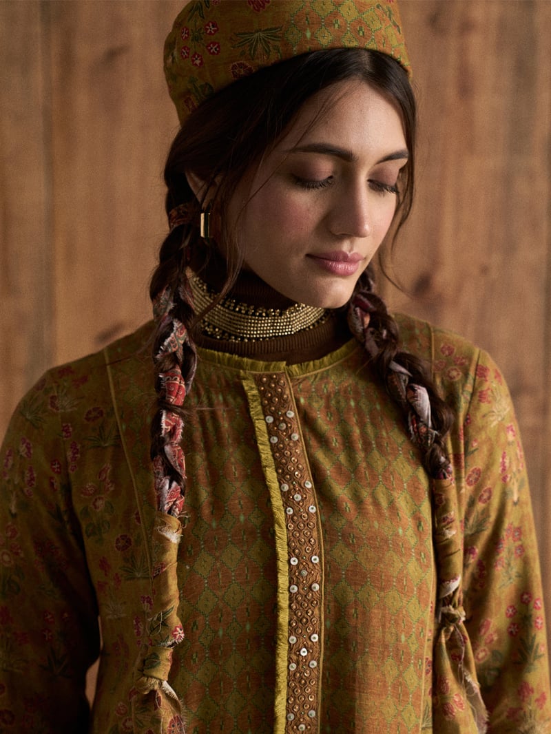 Green Printed A-Line Kurta Set with Dupatta