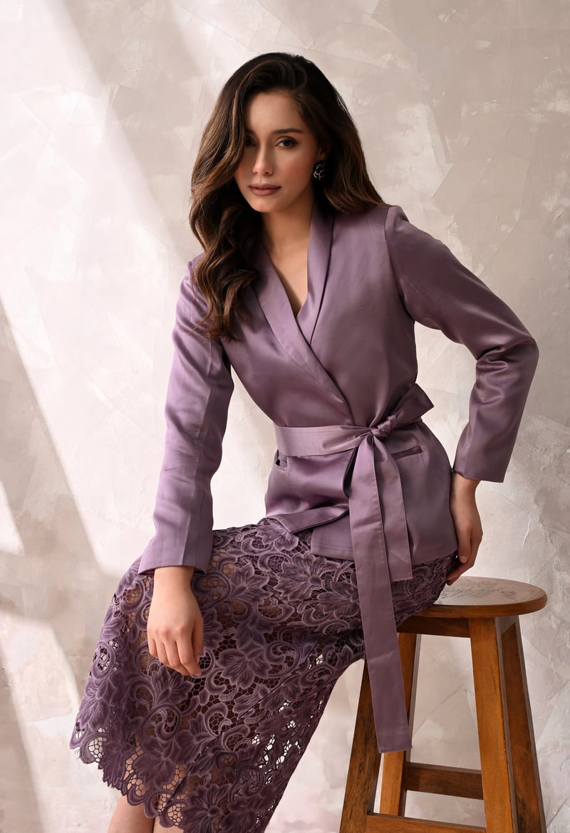 Mauve Wrap Blazer and Lace Midi Skirt Co-ord Set