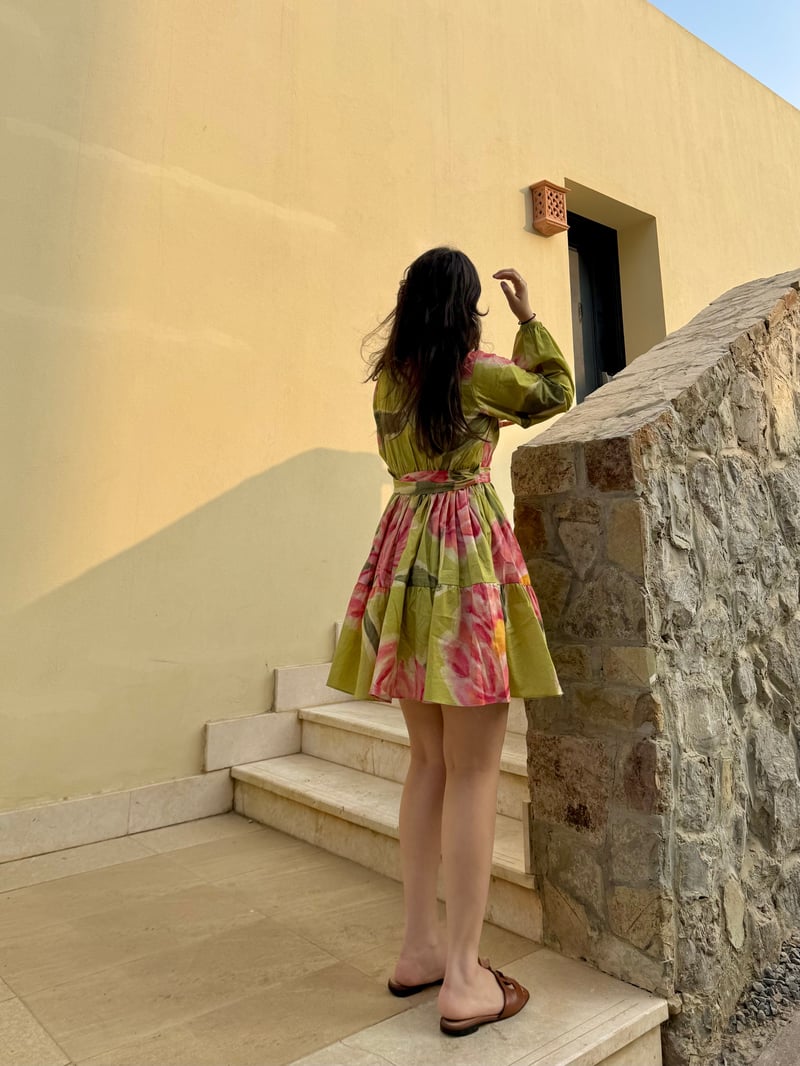 Olive/Pink Floral Mini Shirt Dress with Self Belt