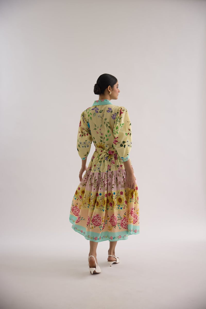 Yellow Floral Tiered Midi Shirt Dress with Contrast Collar