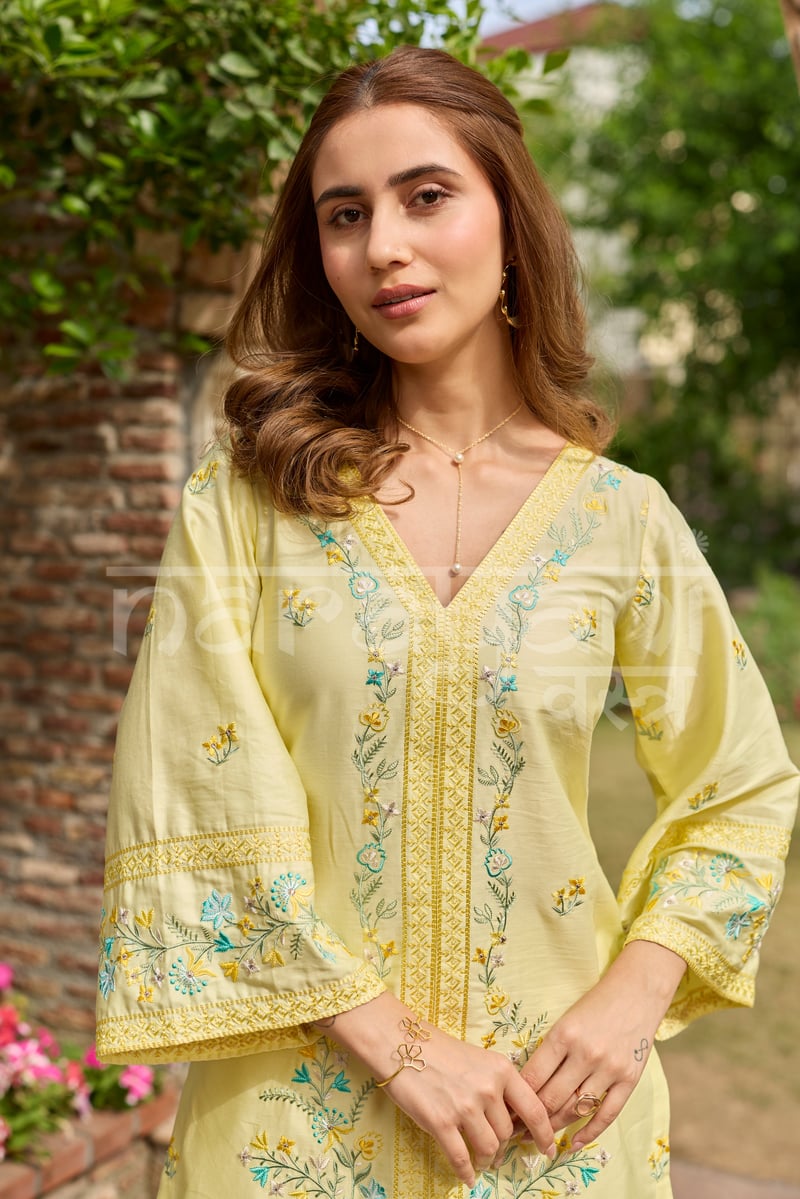 Yellow Cotton Embroidered Kurta Co-ord Set with Farshi Salwar