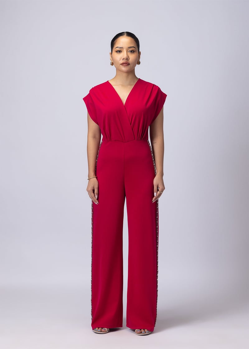 Raspberry Pink V-Neck Wide-Leg Jumpsuit with Rhinestones