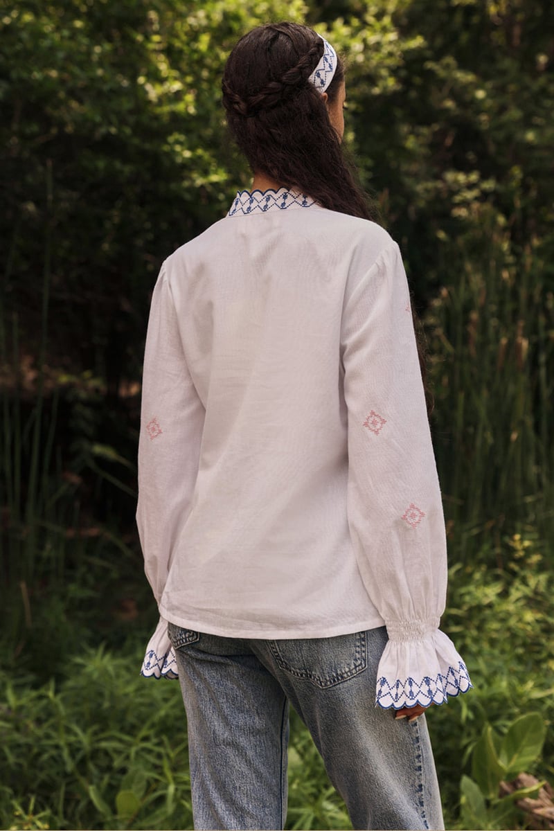 White Cotton Linen Embroidered Mandarin Collar Blouse
