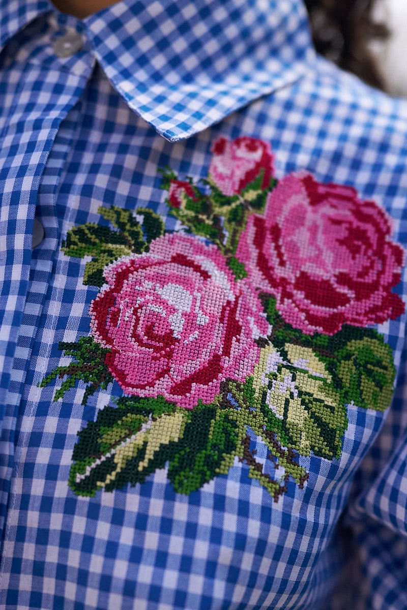 Blue Checked Cotton Shirt with Cross-Stitch Floral Motif