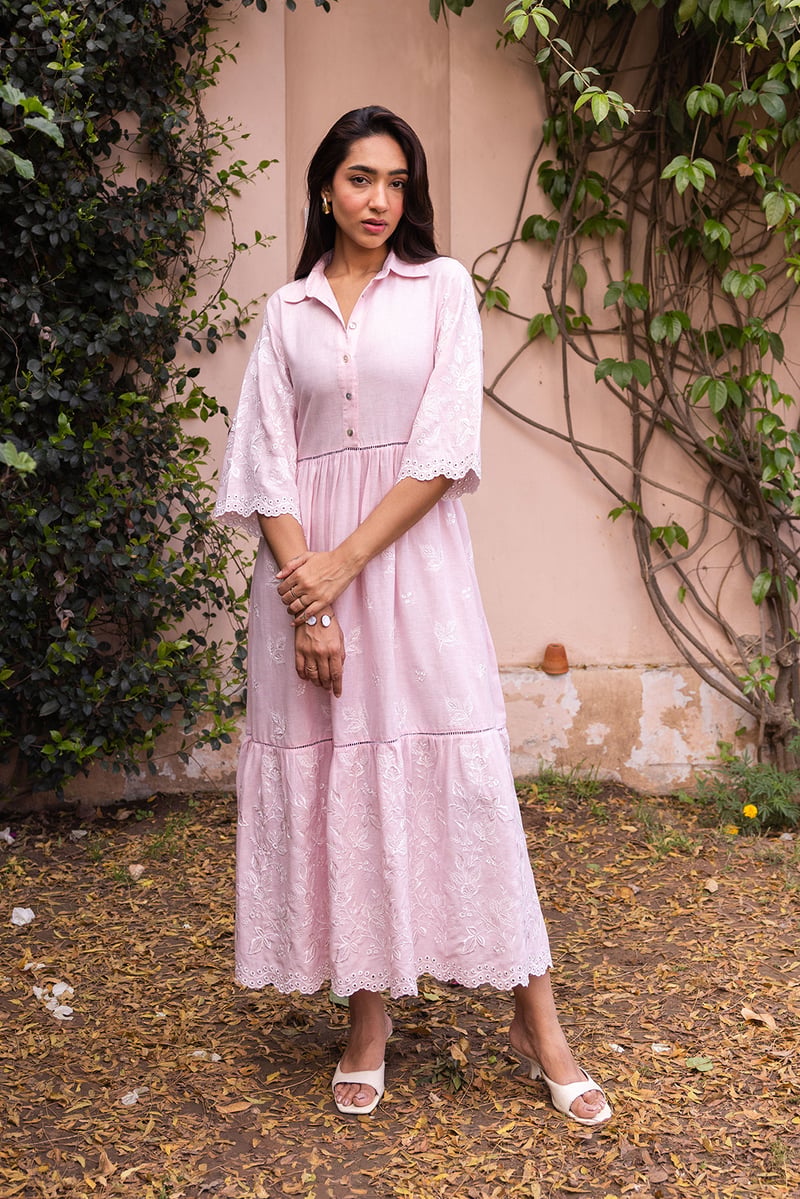 Pink Linen Cotton Embroidered Tiered Maxi Shirt Dress — INCHING INDIA