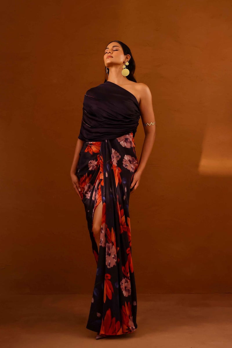 Multicolor One-Shoulder Floral Maxi Gown with Slit