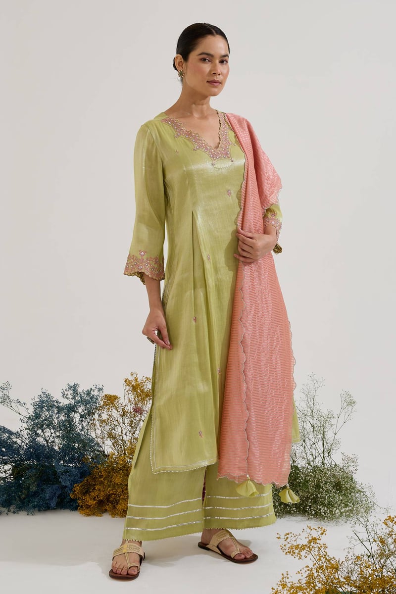 Lime Tissue Embroidered Kurta Set with Wide-Leg Pants