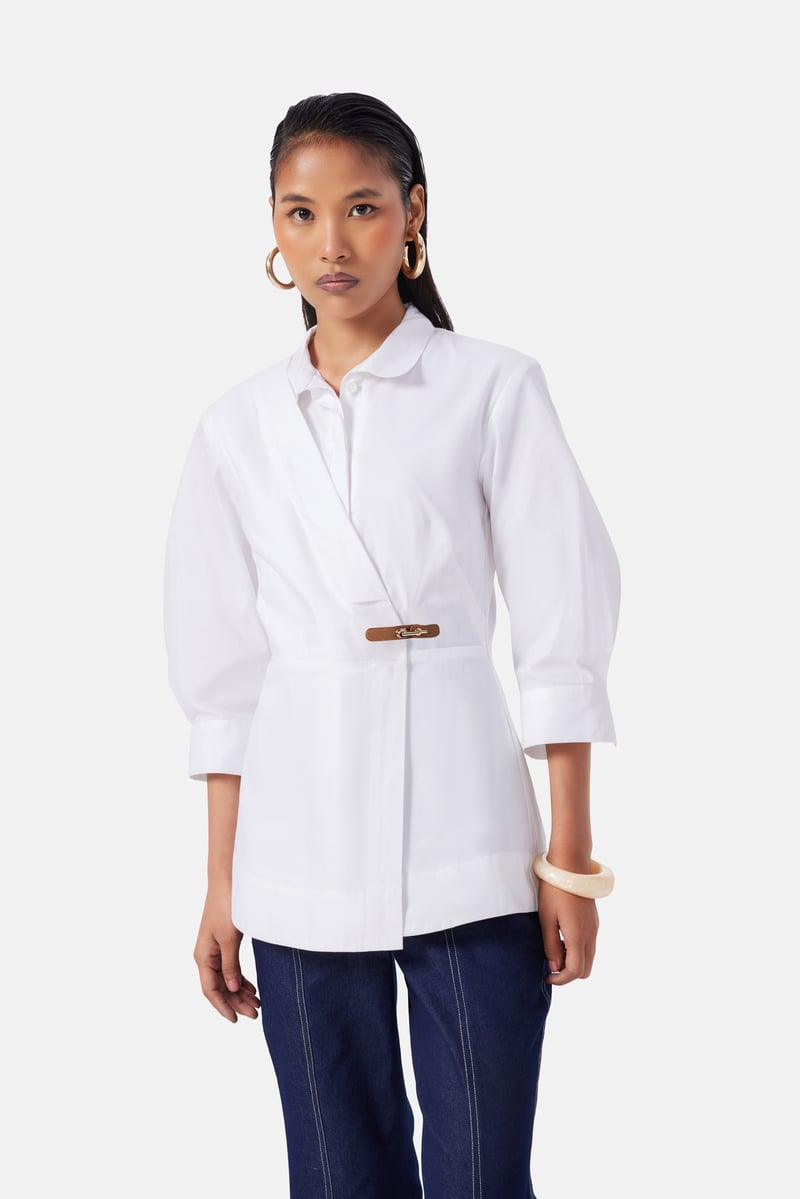 White Cotton Twill Longline Wrap-Detail Shirt