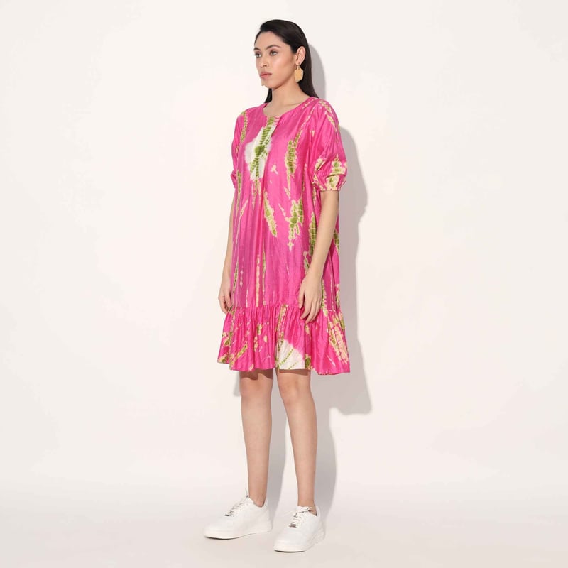 Pink Tie-Dye Tiered Knee-Length Dress