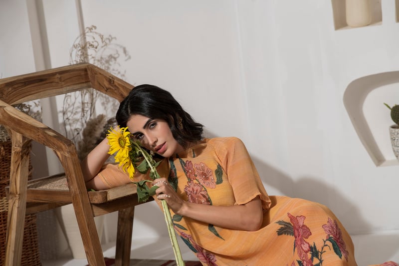 Golden Yellow Floral Lurex Kaftan Kurta Set with Palazzo