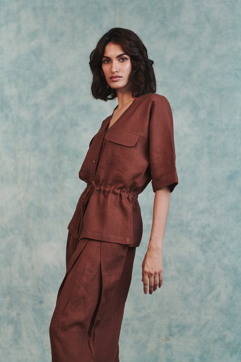 Linen Drawstring Shirt & Pleated Tuck Pants Set