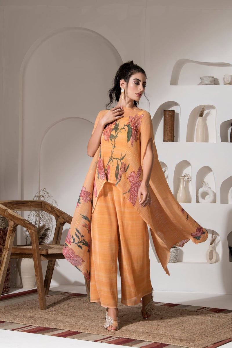 Yellow Floral Lurex Kaftan Kurta Set with Wide-Leg Pants