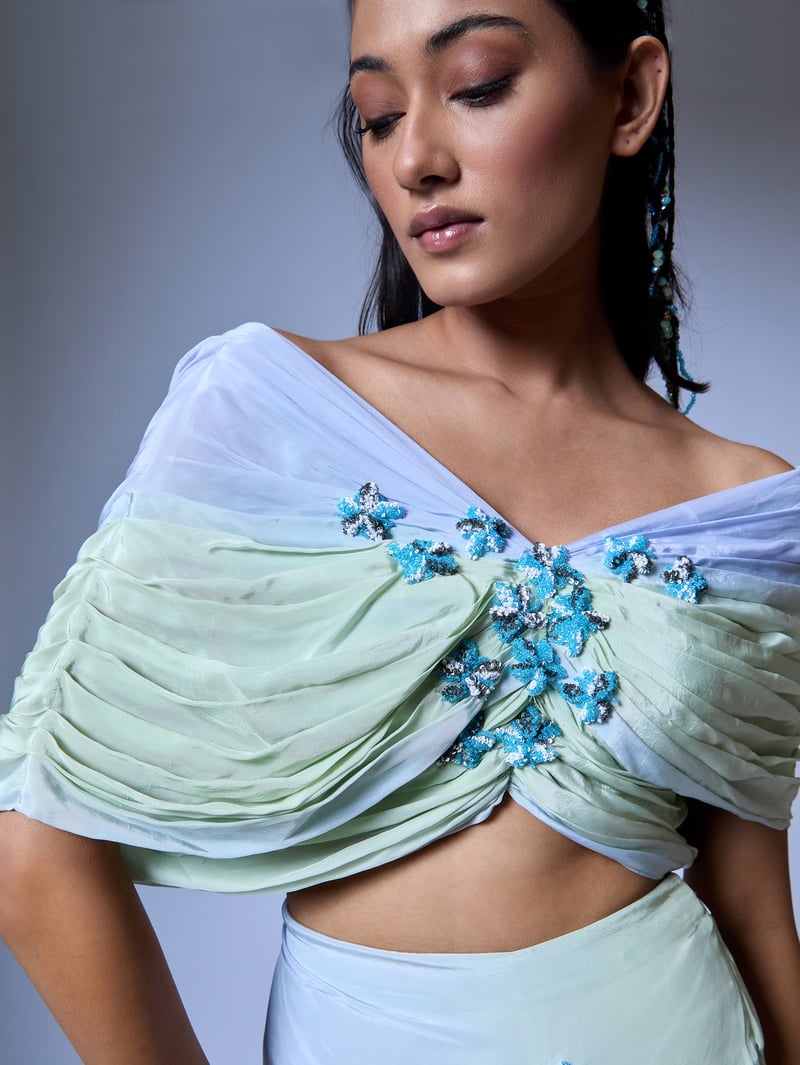 Blue Ombre Off-Shoulder Draped Co-ord Set