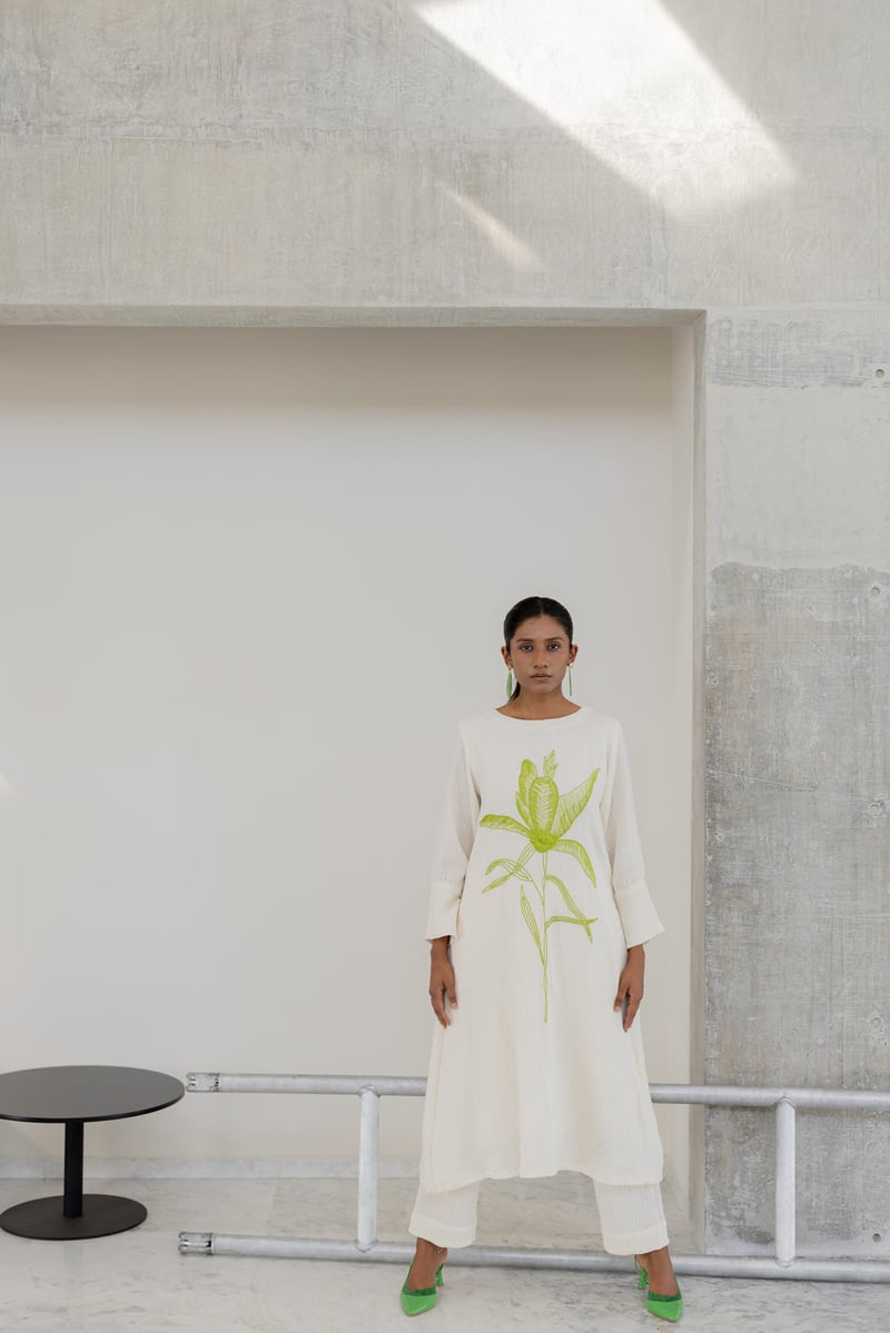 White Cotton Embroidered Kurta Set with Pants