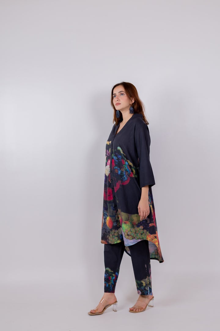 Black Printed Cambric Tunic and Pants Set