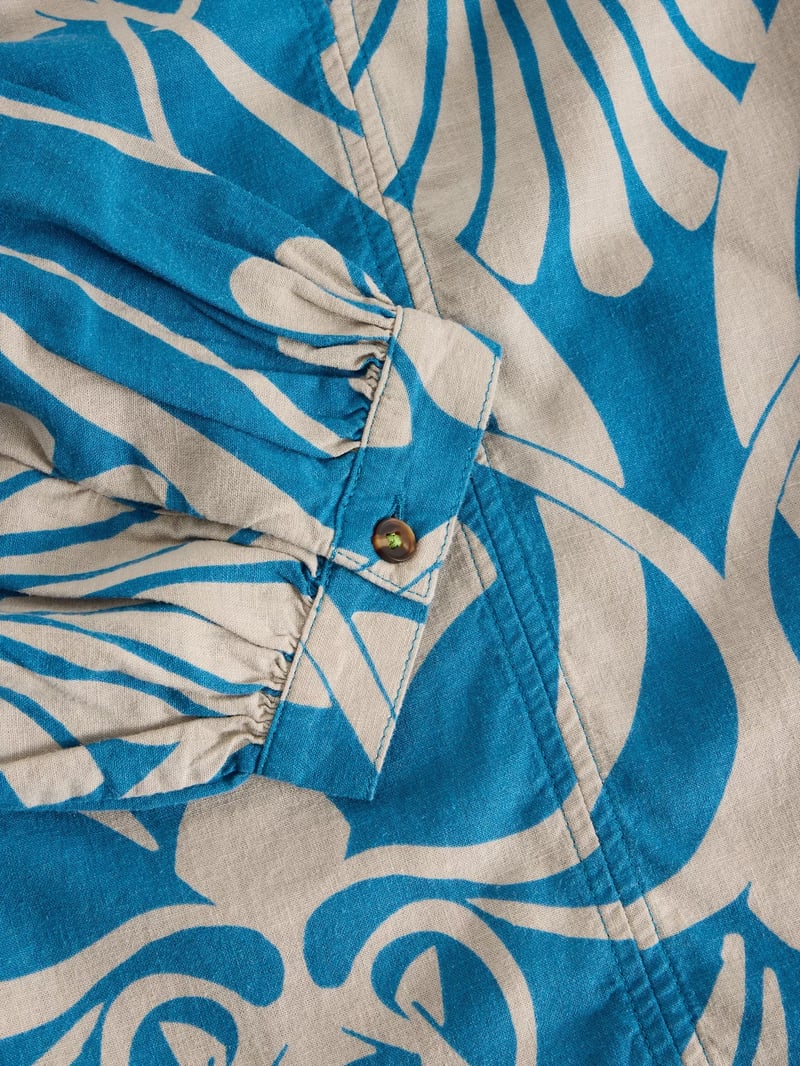 Blue and Off-White Abstract Print Tie-Up Neck Top