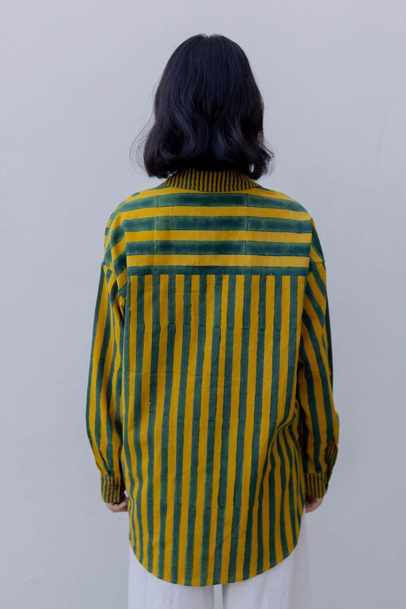 Moss Green and Mustard Striped Relaxed Fit Shirt