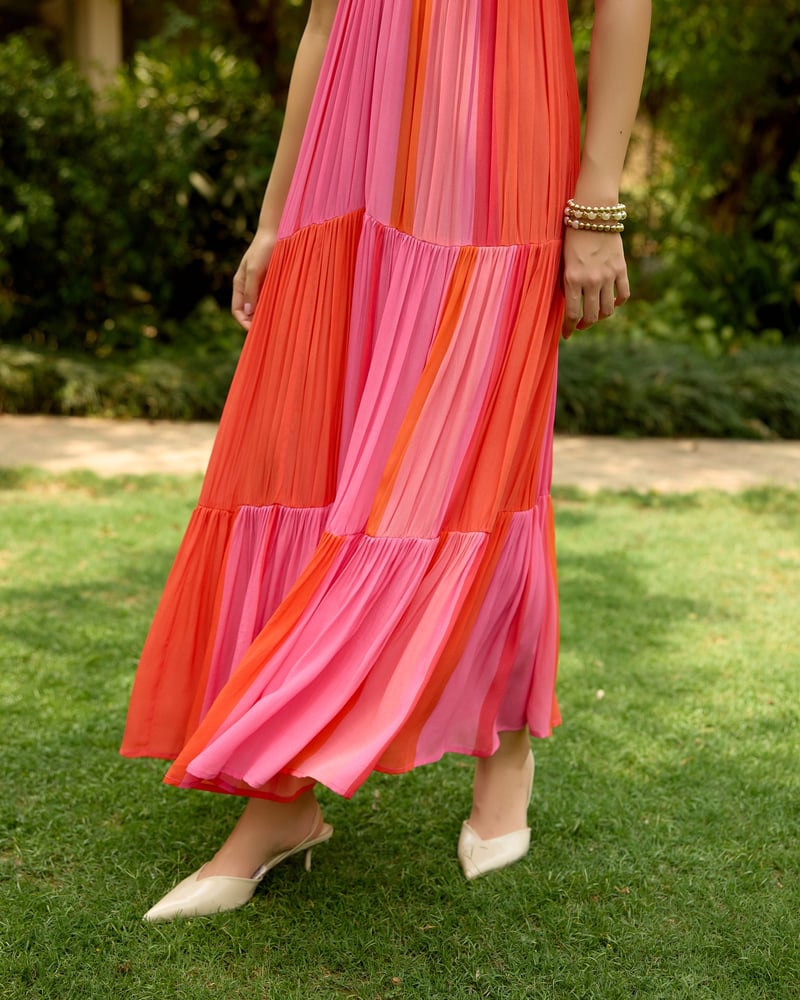 Pink and Orange Colorblocked Tiered Maxi Dress