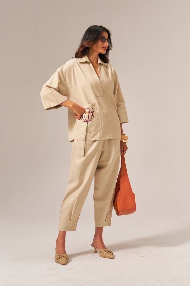 Beige Cotton Slub Shirt and Tapered Pants Co-ord Set
