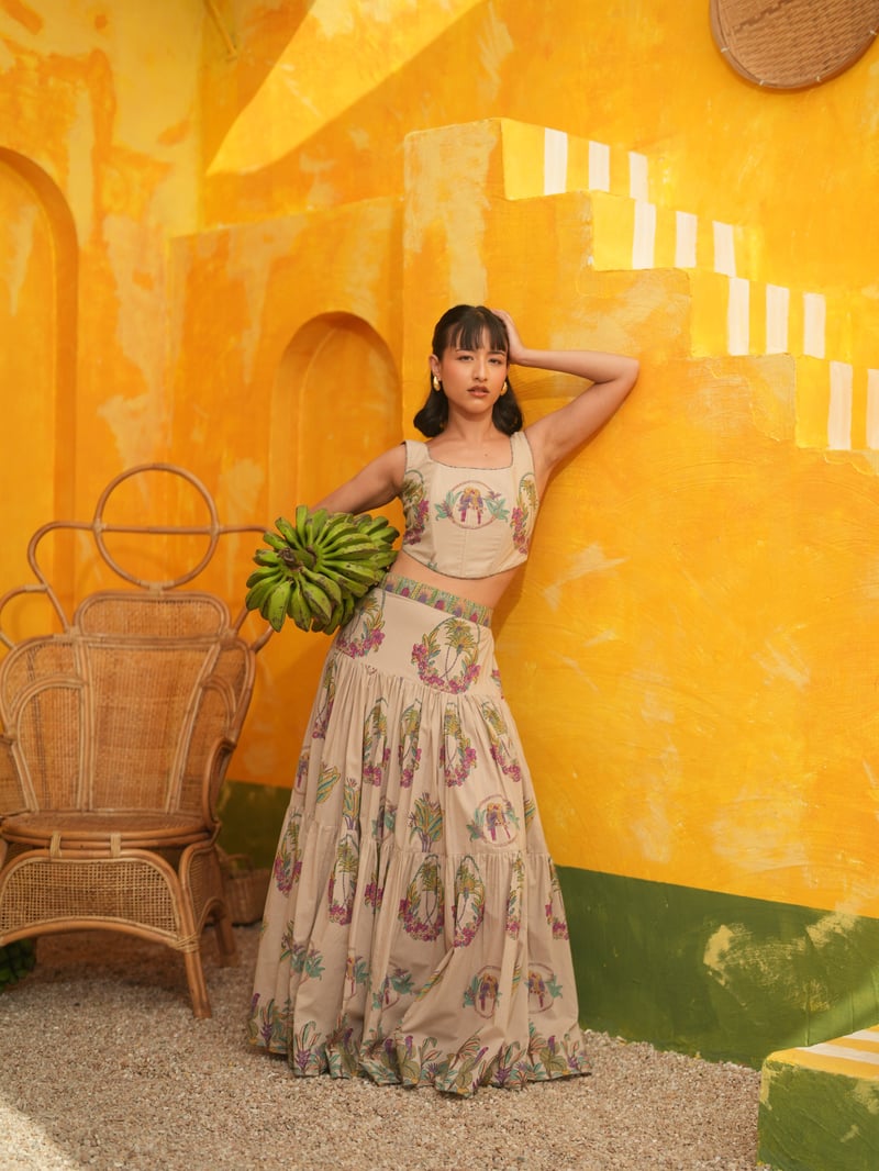 Printed Corset Top and Tiered Maxi Skirt Co-ord Set