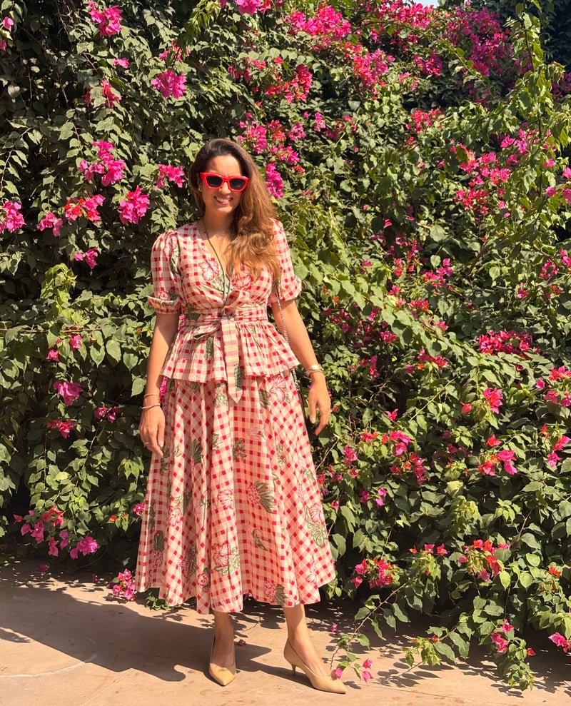 Red Gingham Floral Fit and Flare Midi Dress
