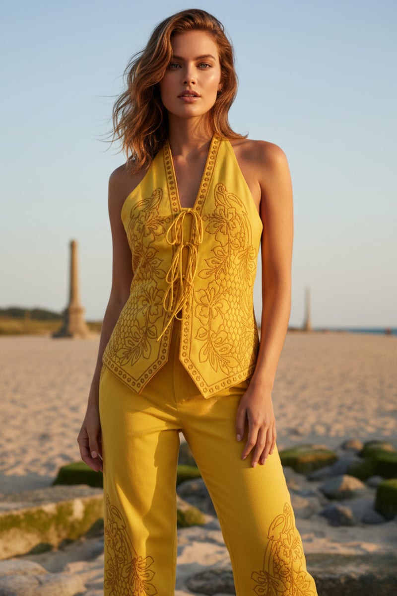 Sunny Yellow Linen Embroidered Waistcoat Co-ord Set