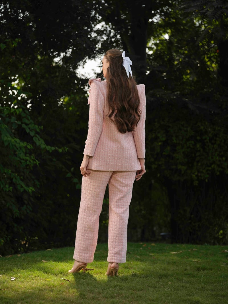 Pink Tweed Double-Breasted Blazer with 3D Shoulder Flower