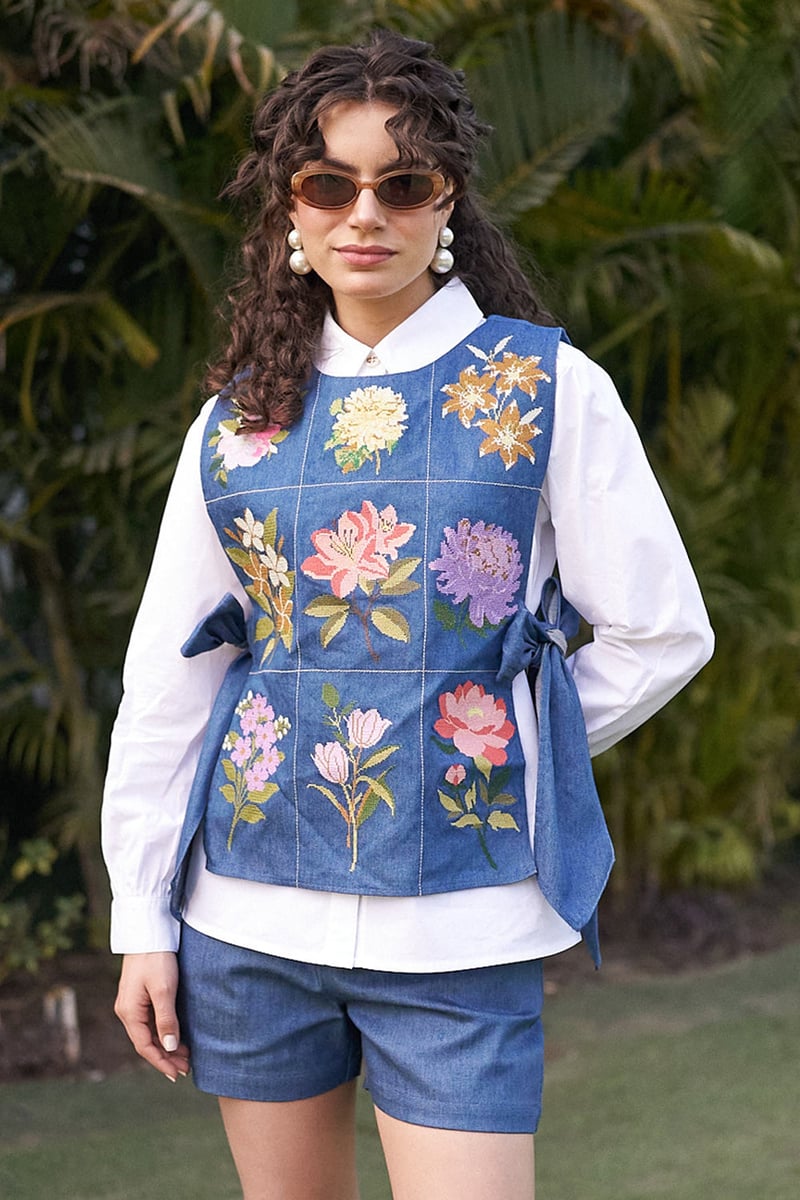 White Shirt with Floral Denim Vest and Shorts Co-ord Set