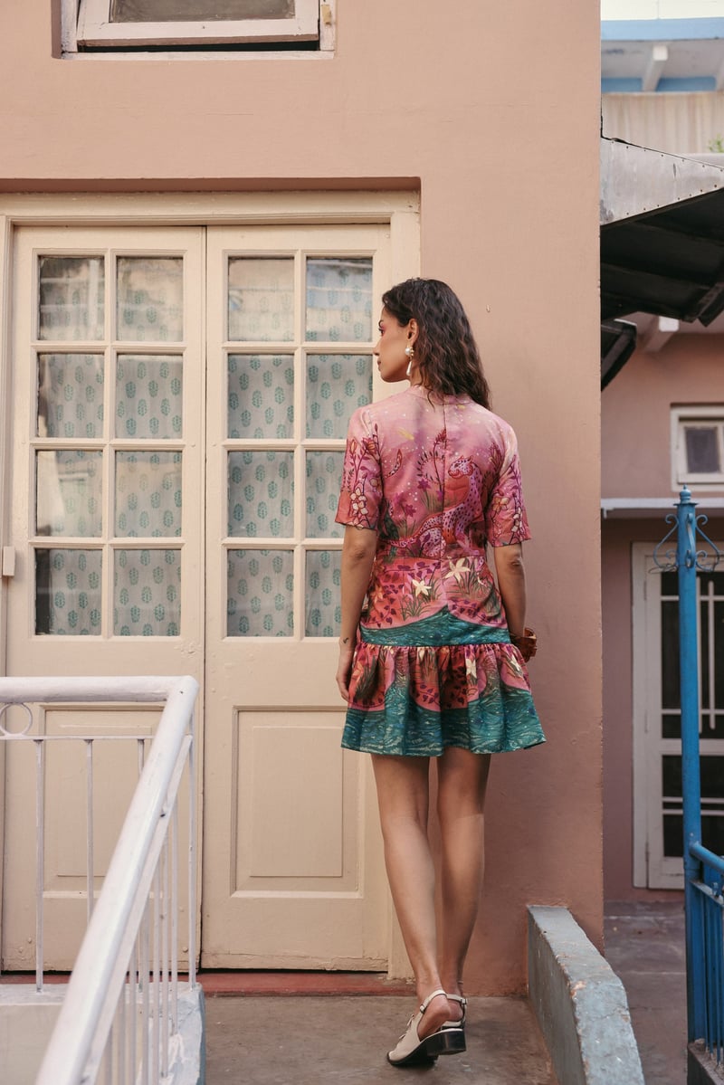 Pink Printed Modal Mini Dress with Front Tie Waist